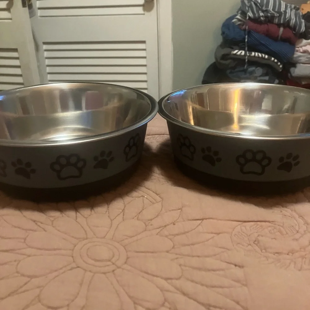 Two Non-Slip Dog Bowls With a Dog Paw Print Design